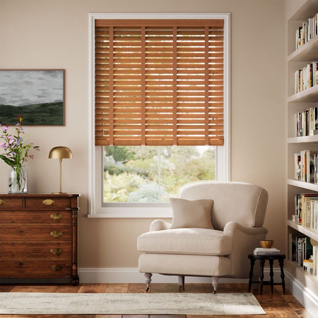 Wooden Venetian blinds with ladder tapes over a living-room window